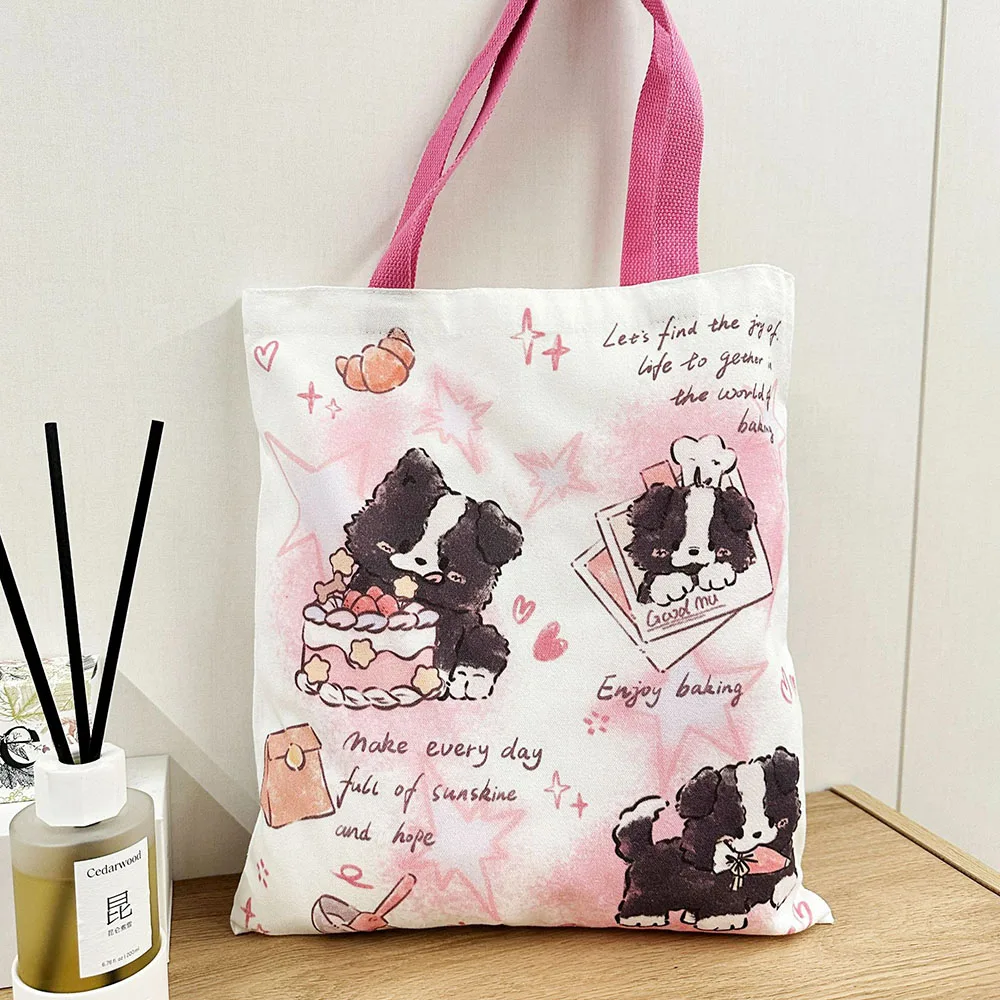 Border Collie Pattern Shoulder Bag Large Capacity Cute Puppy Handbags Simple Canvas Bags Daily Commute Small Dog Print Tote Bag