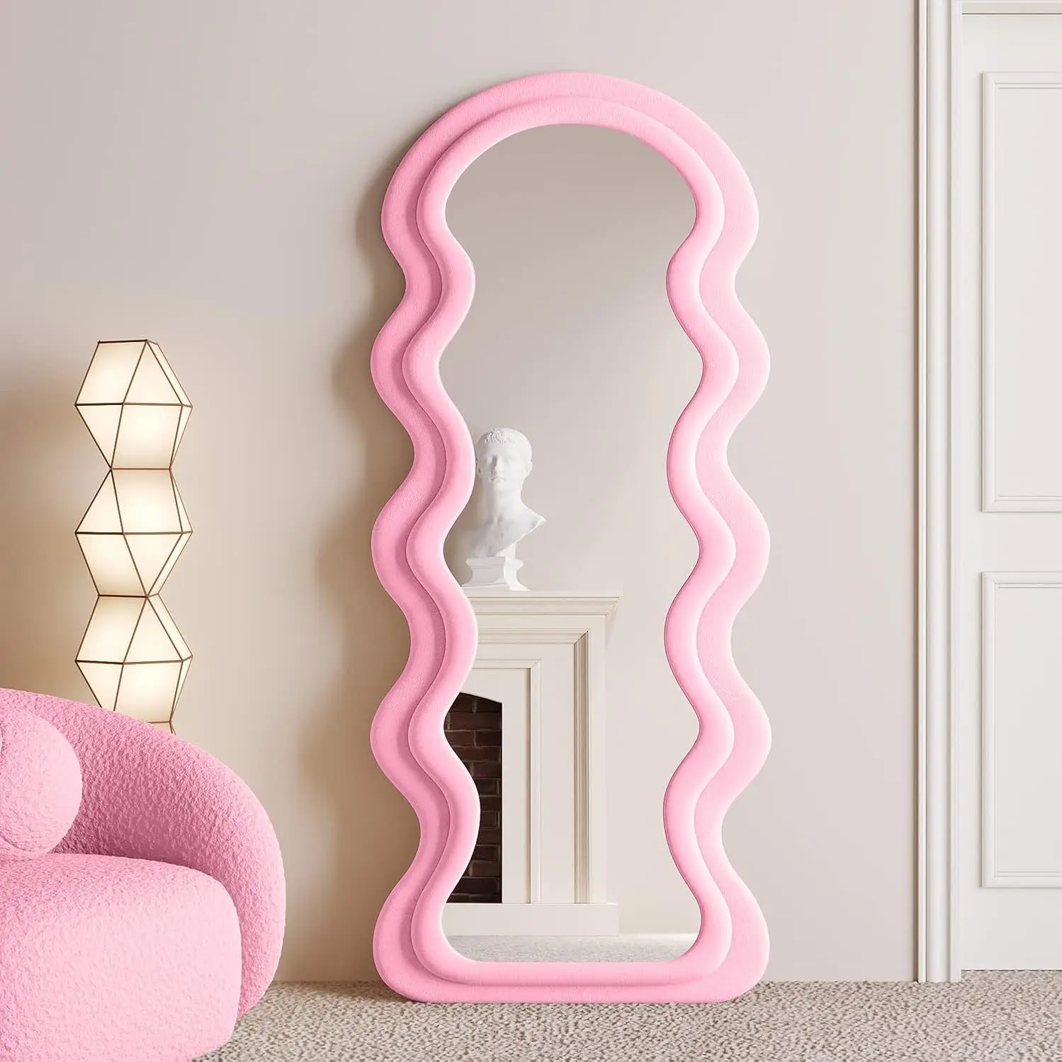 

Pink Flannel Wrapped Wooden Frame 63x24 Inch Irregular Wavy Floor Mirror Standing Hanging Leaning Bedroom