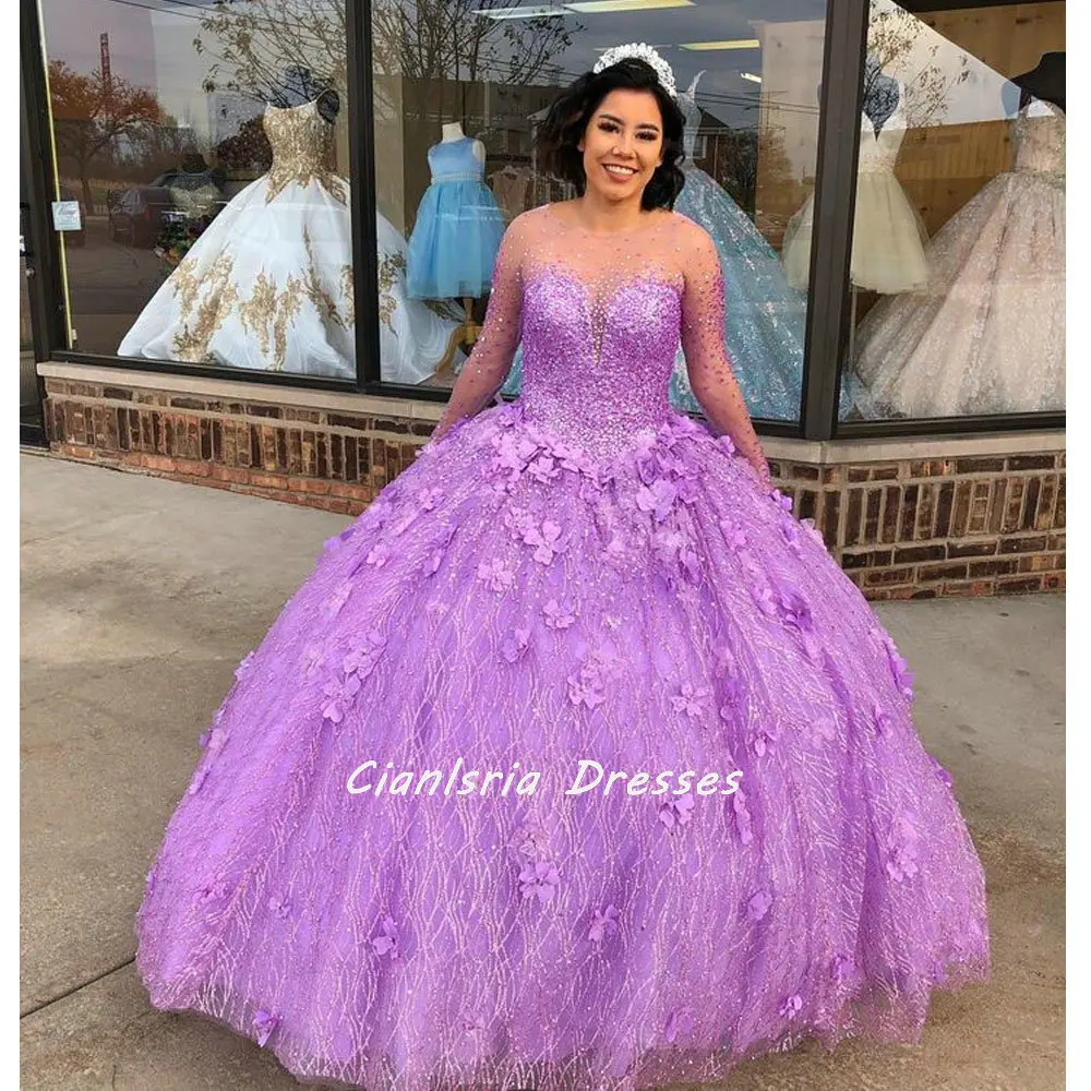 

Lilac Illusion 3D Flowers Mexican Quinceanera Dress Ball Gown Long Sleeve Beading Crystal Corset Vestidos De XV Anos