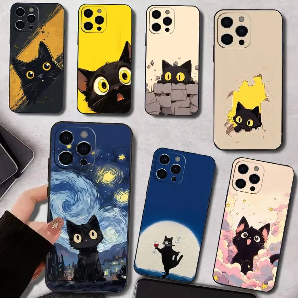 

Black Cat Art Phone Case For iPhone 17,16,15,14,13,12,11 Plus,Pro Max,XS,Soft Silicone Black Cover
