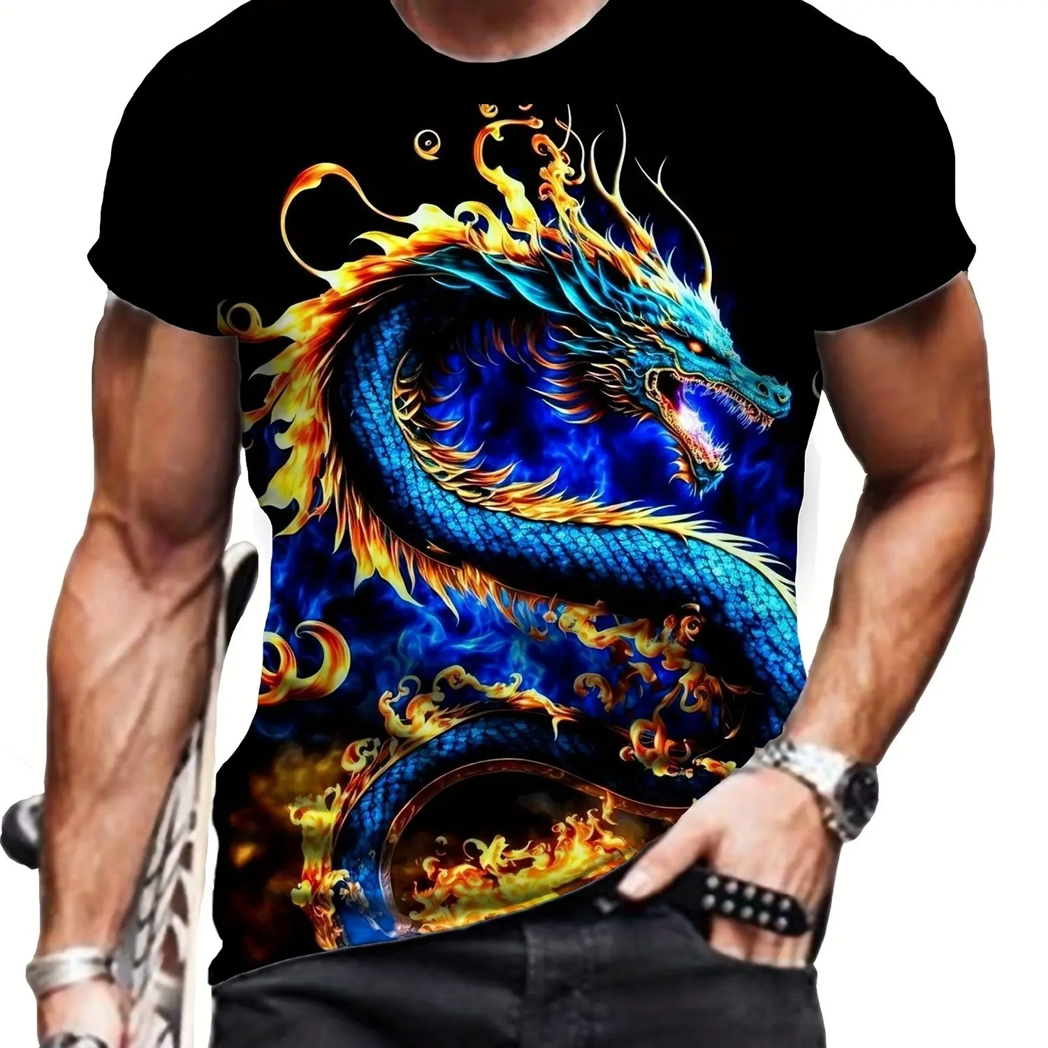 Camiseta masculina com estampa de dragão 3D vibrante – poliéster, camiseta casual e esportiva com gola redonda, lavável à máquina, ideal para festas