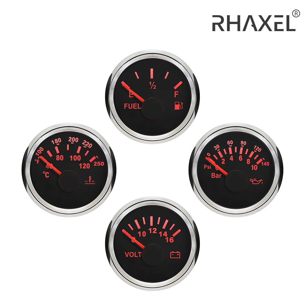 RHAXEL 52mm Fuel Level 0-190ohm 240-33ohm Water Temperature Oil Pressure 0-10Bar Voltmeter 12V with Red Backlight for Auto RV