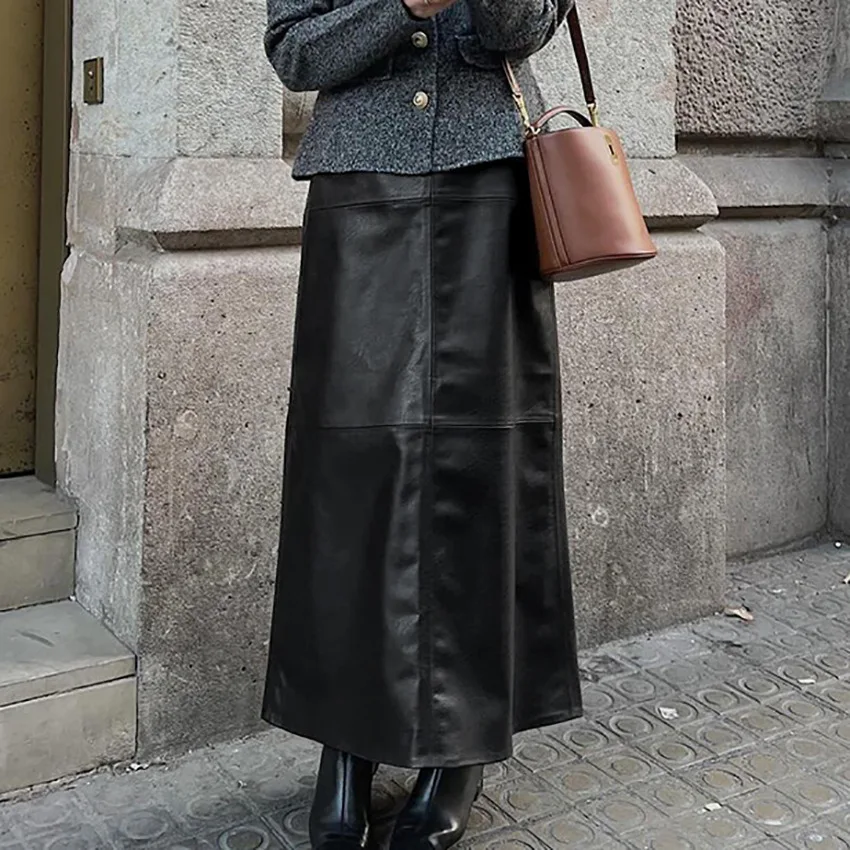 

Retro Black Matte Leather Skirt Womens Autumn And Winter Fashion Commuting A-shaped Skirt High Waist Long Skirt Women's Clothing