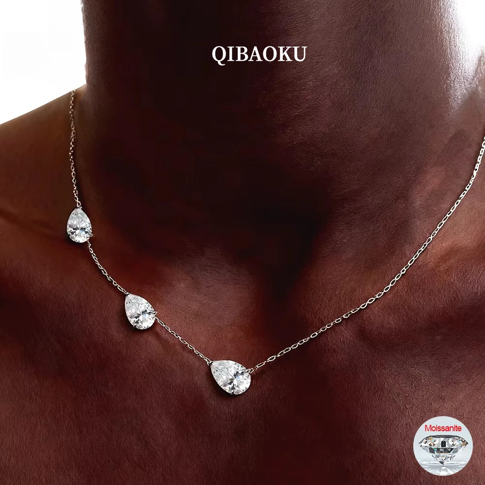 QIBAOKU 3-Stone Pear Moissanite Necklace S925 Silver Gradient East West WaterDrop Diamond Neck Chain for Women Jewelry 2026