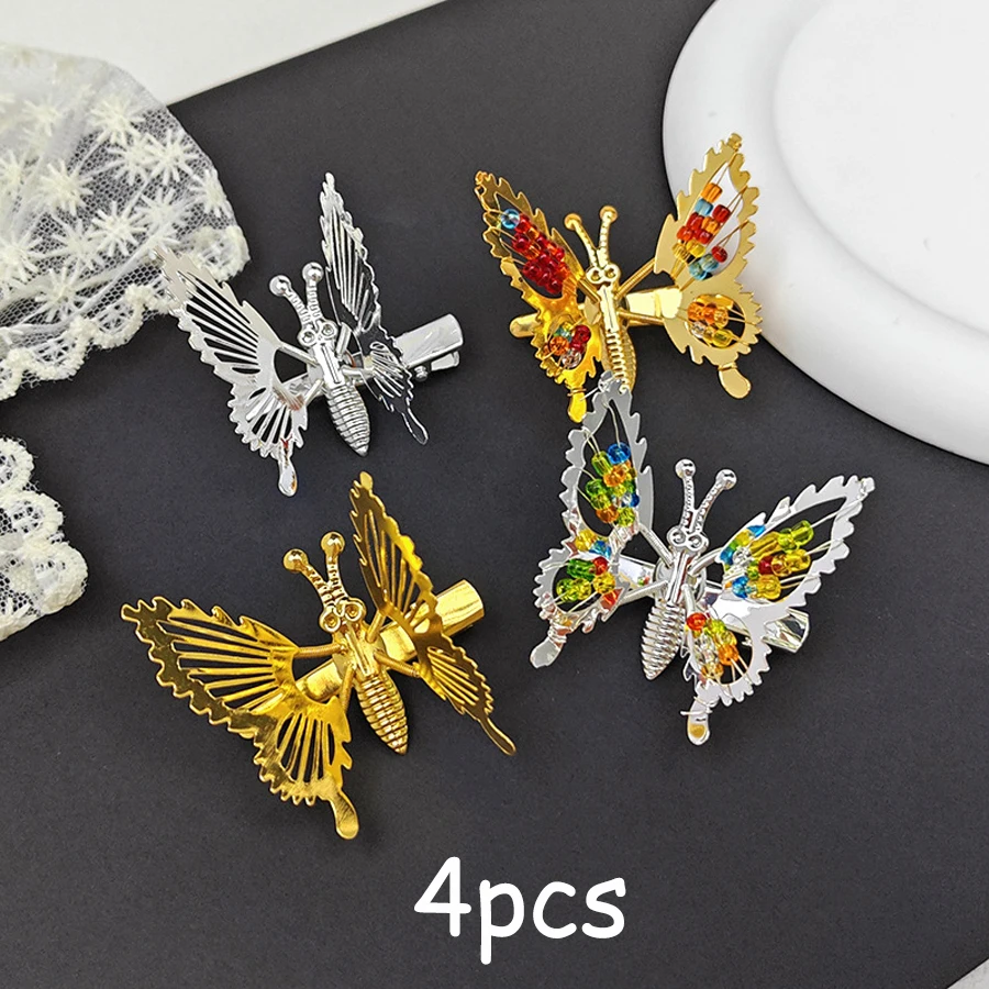 【Vintage Butterfly Side Clip Set】Interactive Metal Hairpins with Beaded Accents | Floating Butterfly Design