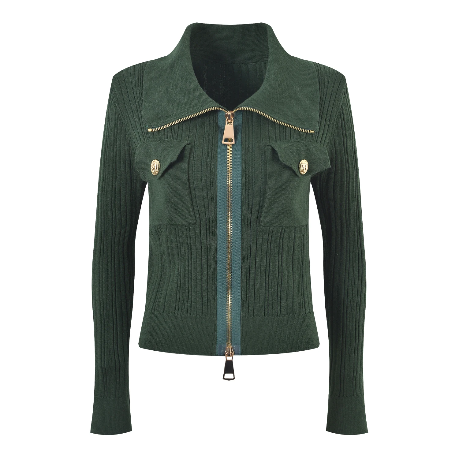 

Premium 00 Wool Knitted Sweater Jaet Double Zipper Slim Fit Collar Flip Design Faionable European Sle Women's Knitwear