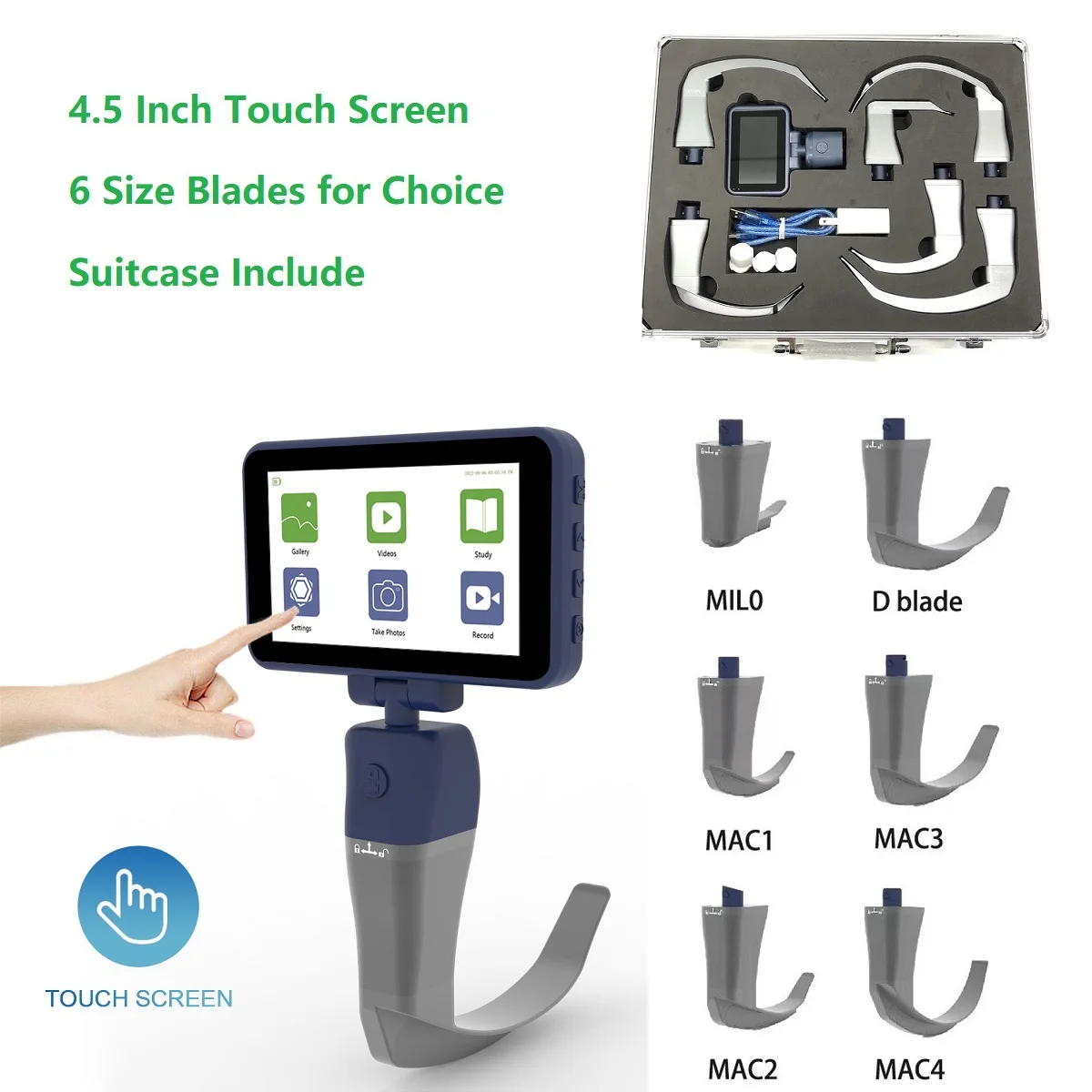 4.5 inch Big Screen Video Laryngoscope Reusable Sterilizable Blades Color TFT LCD Digital Video Laryngoscope