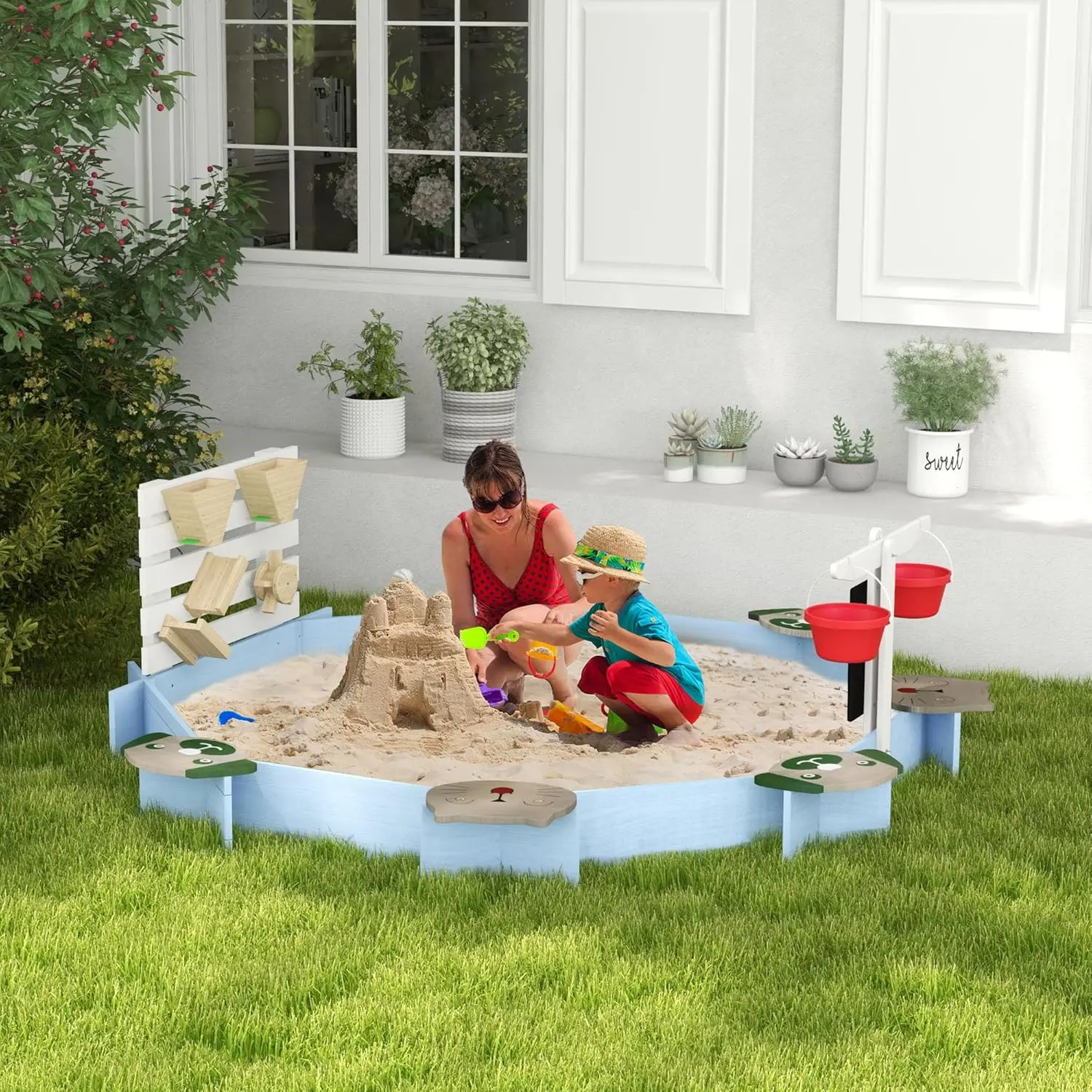 Kinder Holz Sandkasten, große Outdoor-Sand kästen mit 6 Tier gemusterten Sitzen, Wasser & Sand Spielzeug, Eimer, Tafeln, Sandgrube f