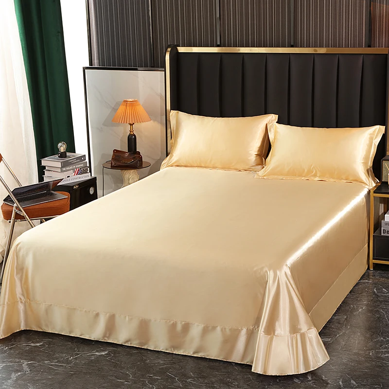 

Luxury Satin Flat Bed Sheet With 2 Pillowcases Bed Sheet Set Solid Color Simple Style Queen King 1.8m 2.0m Bed Sheets