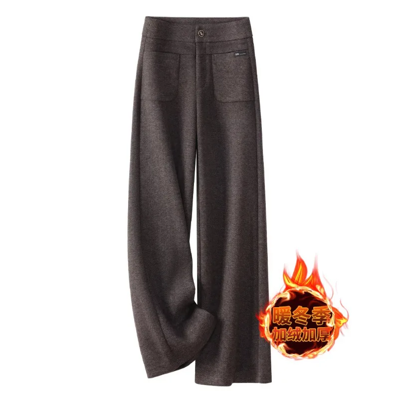 

Brown Woolen Pants for Women, and Winter , Petite Straight-Leg Pants, Warm Fleece-Lined Thickened Pants