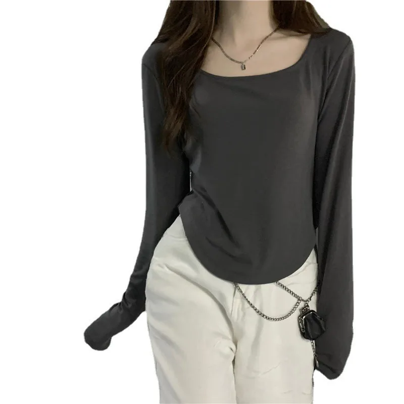 2025 Spring Fashion Square Neck Long Sleeve T-shirt for Women Irregular Hem Slim Fit Casual Short Top Solid Color Bottom Shirts