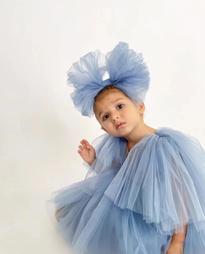 Infant Toddler Baby Girls Wedding Dress Princess Gown Vintage Boho Chic Dresses Smoky Blue Big Ruffles Sleeve Ins Kids Clothes