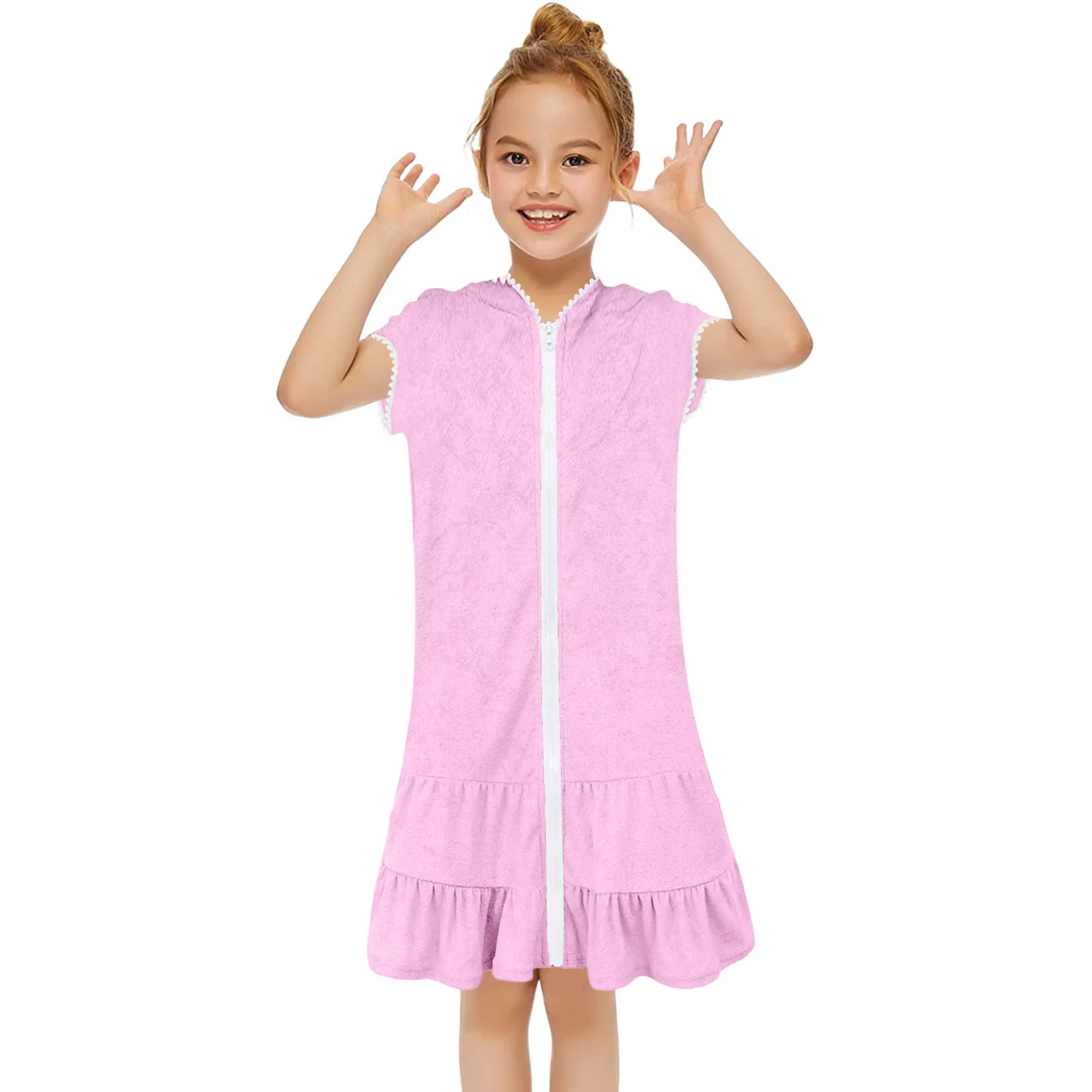 3T 7T 11T Kids Girls Swim Cover Up Swimsuit Coverup Zip Up Beach Bathing Suit Hooded Bathrobe Absorbent Towels Kids Beach Dress