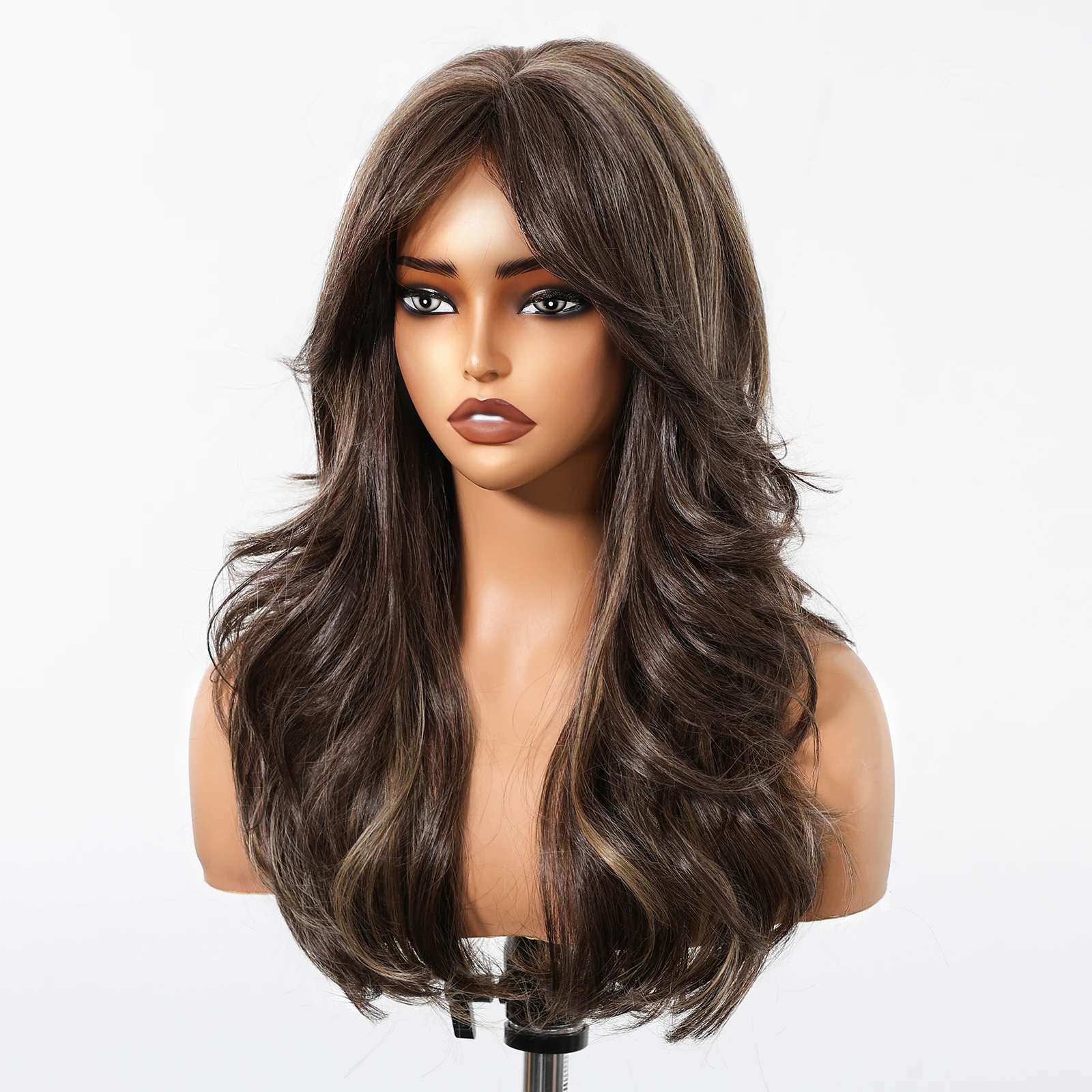 Brown Highlight Synthetic Wigs with Bangs Long Layered Wavy Wig Natural Looking Fluffy Fake Hair for Daily Heat Resistant Fiber