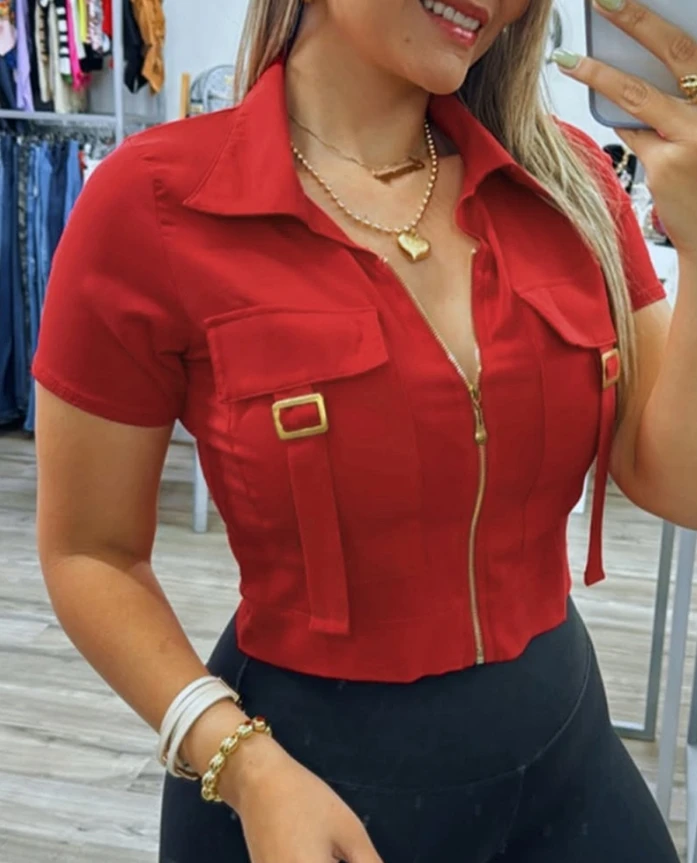 Front lapel zipper short sleeved metal buckle multi pocket shirt casual top short T-shirt women's summer slimming top