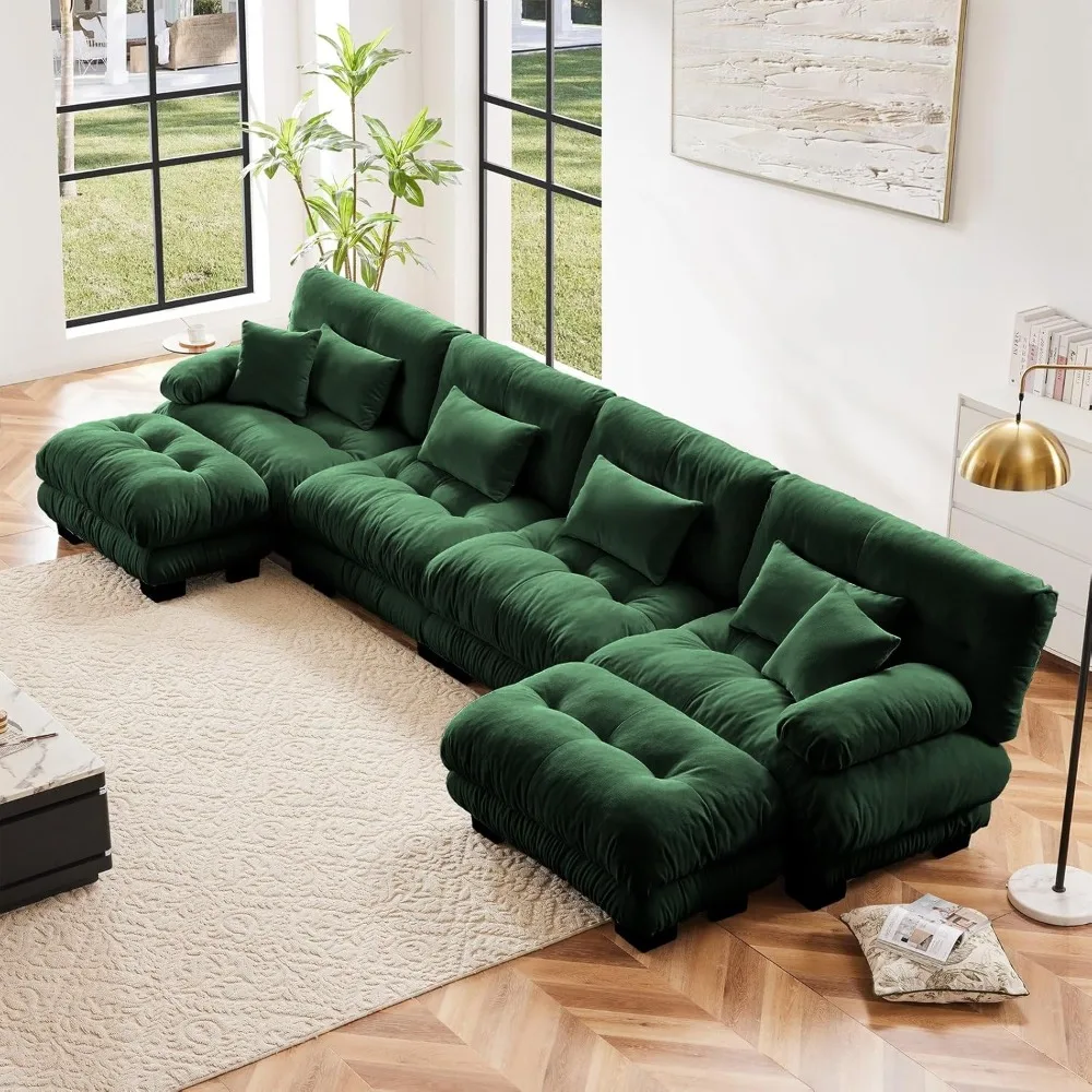

Free Combination Modular Sectional Sofa,U Shaped Couch for Living Room, 4-Seater Comfy Cloud Couch with 2 Ottomans, Chenille Gre