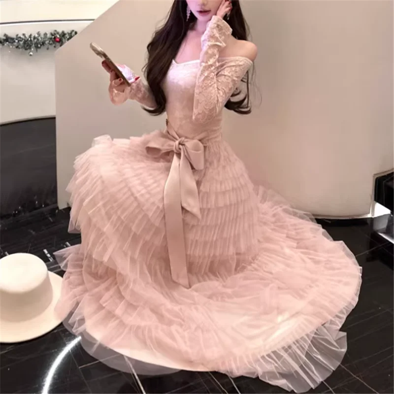Elegante renda retalhos malha babados em camadas rosa longo bolo vestido novo 2026 celebridade fita arco fora do ombro vestido de festa
