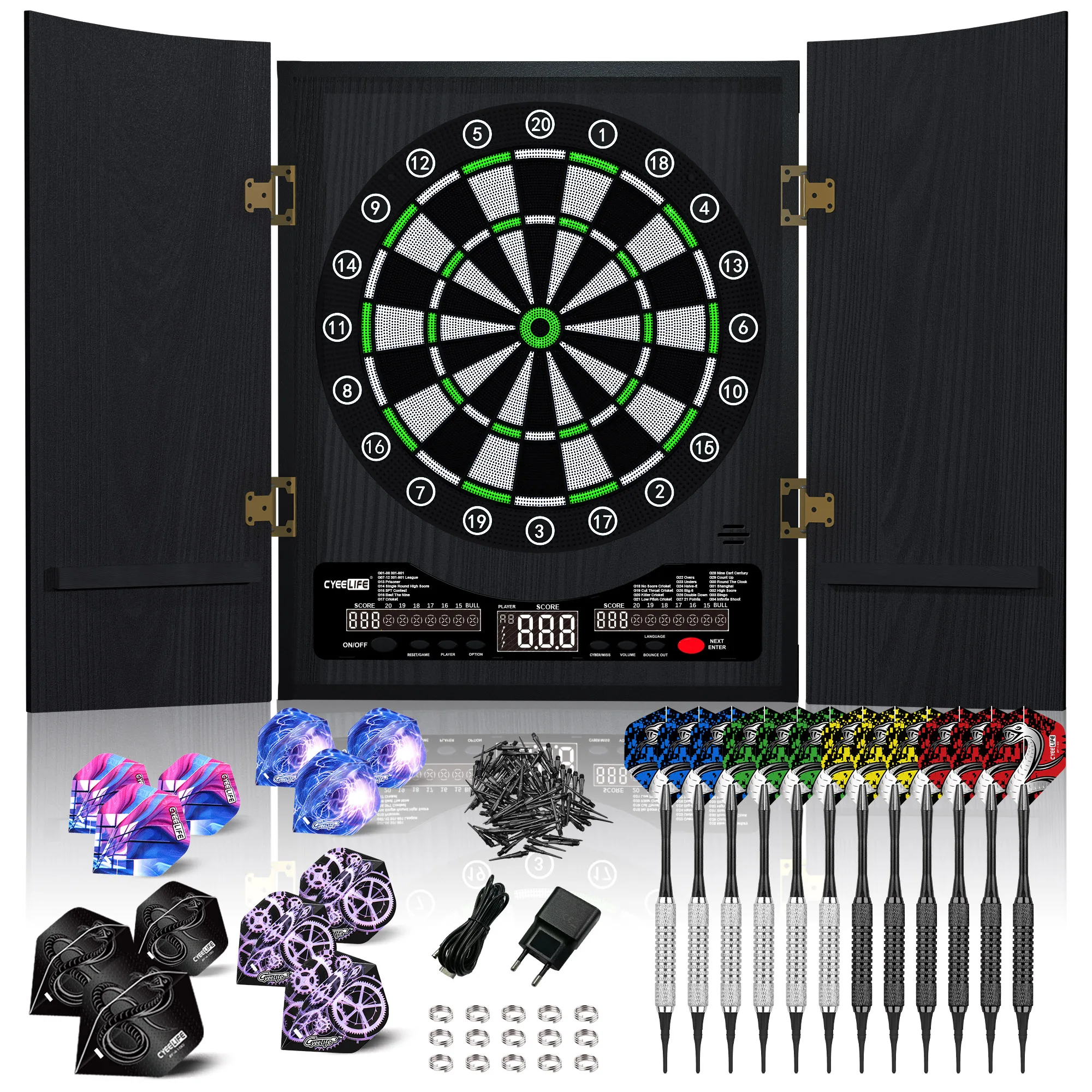 

CyeeLife Electronic Dart Board LED Electric Digital Dart Boards for Adults with Cabinet with 12 Soft Tip Dartboard Set