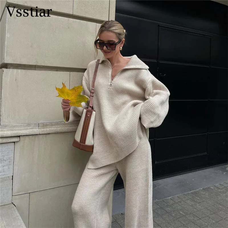 Vsstiar Warm Winter Knit Sweaters Two Piece Set Turn-down Collar Zip Pullovers Top Straight Pants Casual Women Suit Streetwear