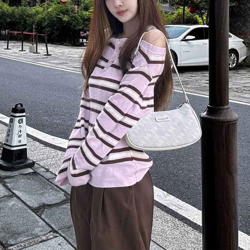 

American Off Shoulder Striped Pullovers Female Clothing Round Neck Spring Autumn Casual Long Sleeve Contrasting Colors T-shirts