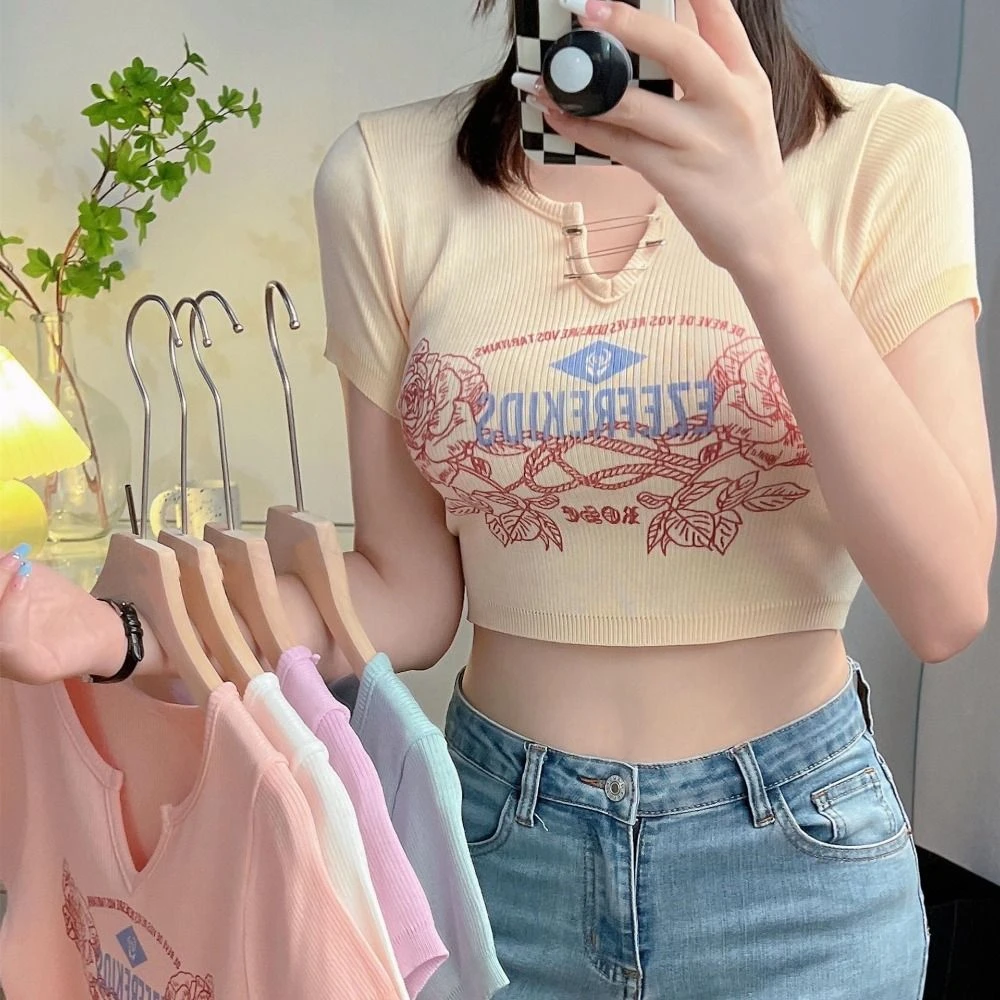 

Fashion Letter Y2K Crop Tops V-neck Ins Style Women's Retro T-shirt Spicy Girl Style Slim Fit Short Sleeved Top Summer