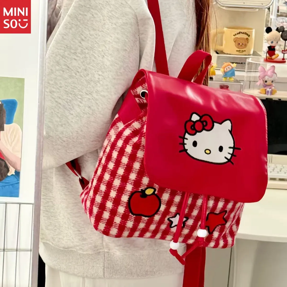 

Miniso New Hello Kitty Backpack for Girls, Plaid Pattern Lightweight JK Fashion School Bag