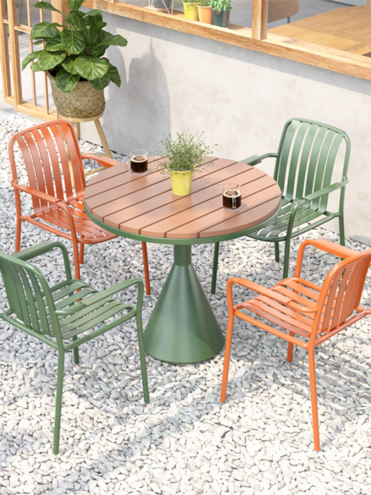 Outdoor balcony, iron art, small round table,  sun protection, outdoor leisure table and chair combination