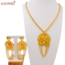 Dubai Gold Color Flower Tassel Long Chain Necklace&Earrings Jewelry Set African Ethiopian For Women Party Wedding Jewellery