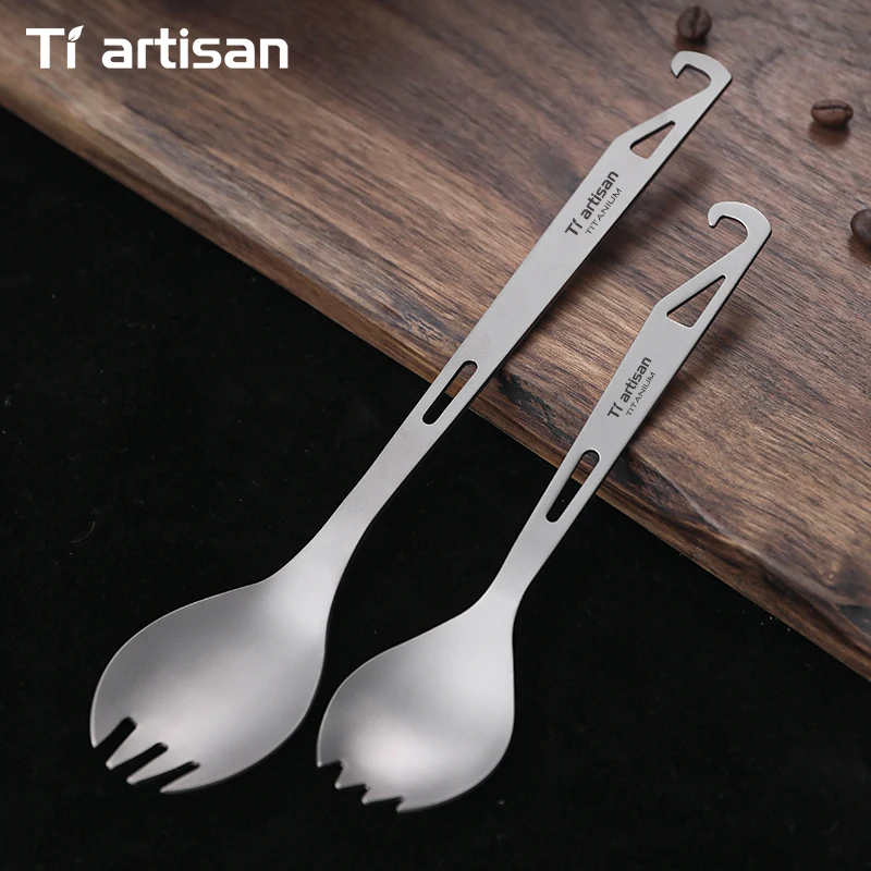 Cuillère-fourchette multifonction Tiartisan en titane pur, ouvre-bouteille, couverts de camping ultralégers et portables pour pique-niques