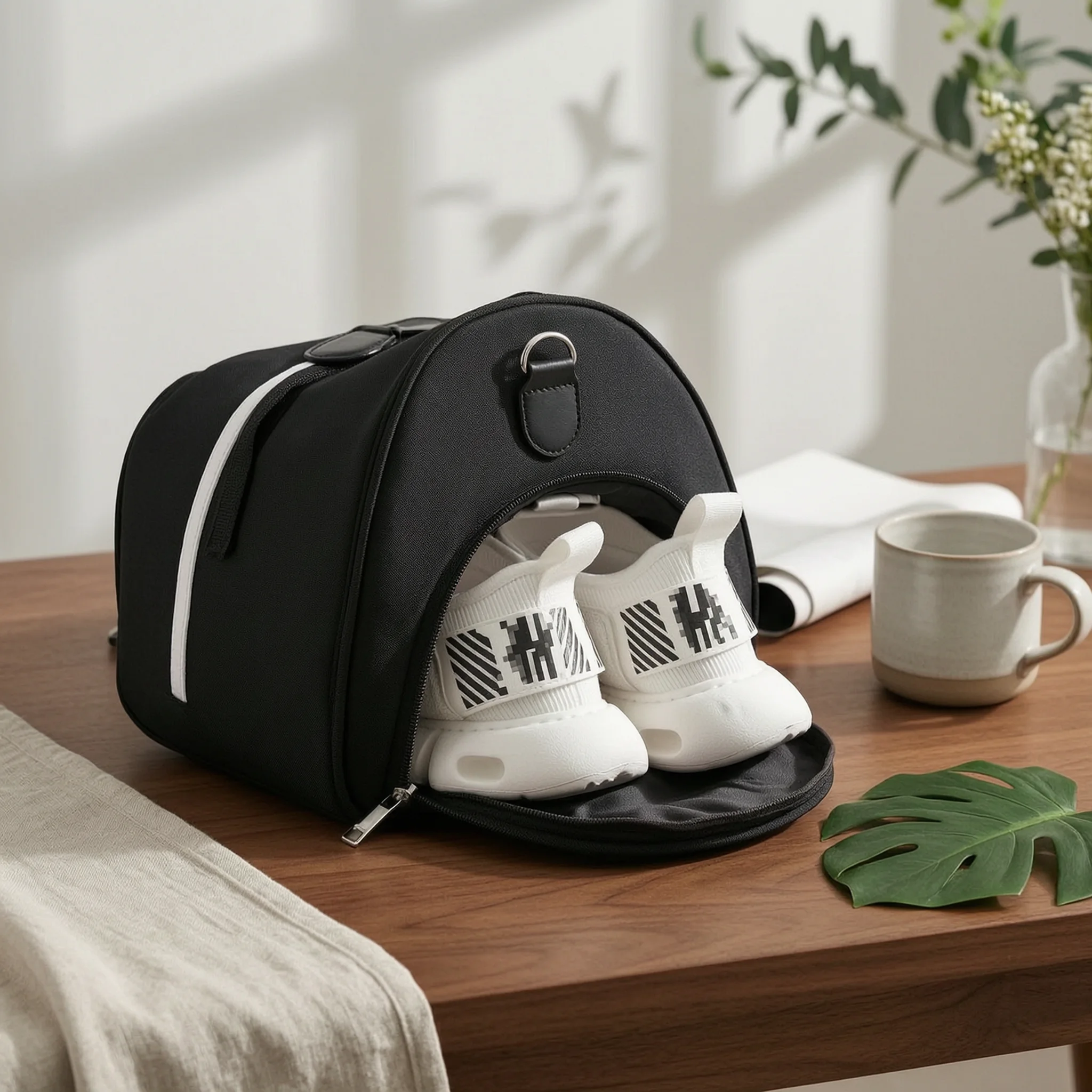 

Travel Duffel Bag Black Nylon Duffel Bag Padded Grip Side Zipper Compartments