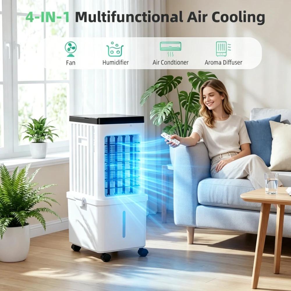

Portable Air Conditioner with Wheels 3 Wind Modes 3.5-Gallon Water Tank for Evaporative Air Cooler Long Cooling 120° Oscillation
