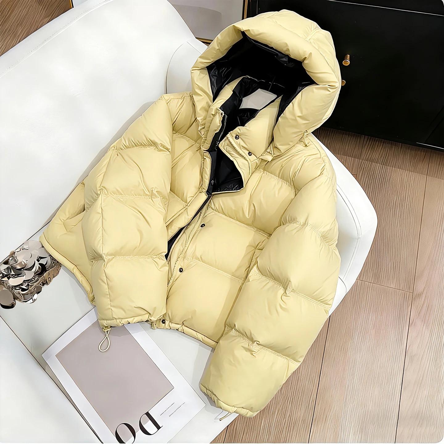 Fashionable Short Hooded Cotton Jacket Men's Women's Warm Casual All-Match Korean Style Commute Loose Fit Zipper Closure