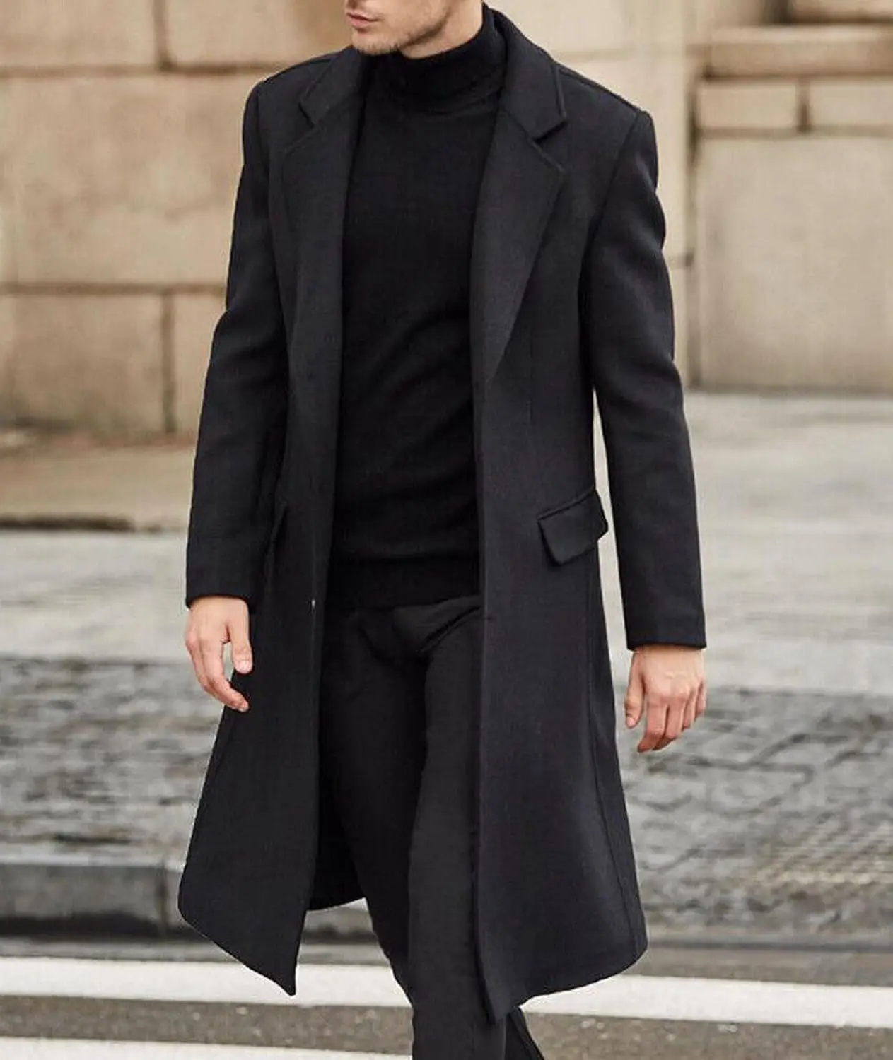 Men's Casual Trench Coat Slim Fit Notched Collar Long Overcoat Single Breasted Pea Coat Wih Pockets