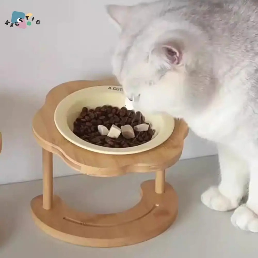 

Ceramic Cat Bowl Wooden Creative Dog Food Feeding Basin Detachable Anti Tipping Pet Drinking Feeder Neck Protection