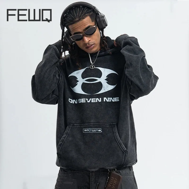 FEWQ Vintage Men's Sweatshirts Hooded Patter Printing Washing Fleece Worn-out Casual Menswear Hoodies New Trendy 2025 24K1279