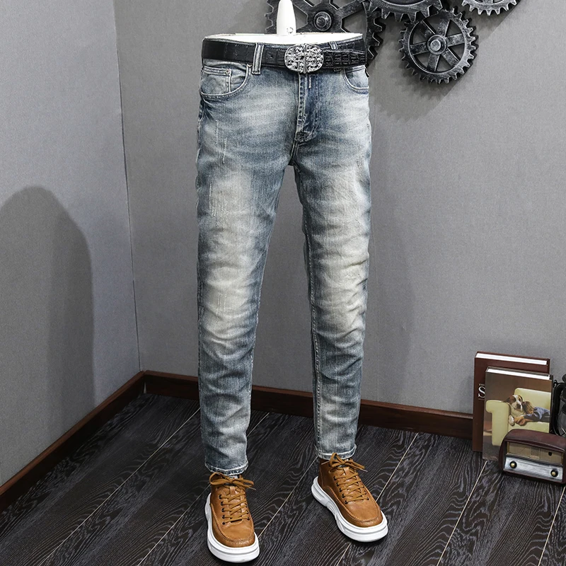 Fashion Vintage Men Jeans High Quality Retro Washed Blue Stretch Slim Fit Ripped Jeans Men Vintage Casual Denim Pants Hombre