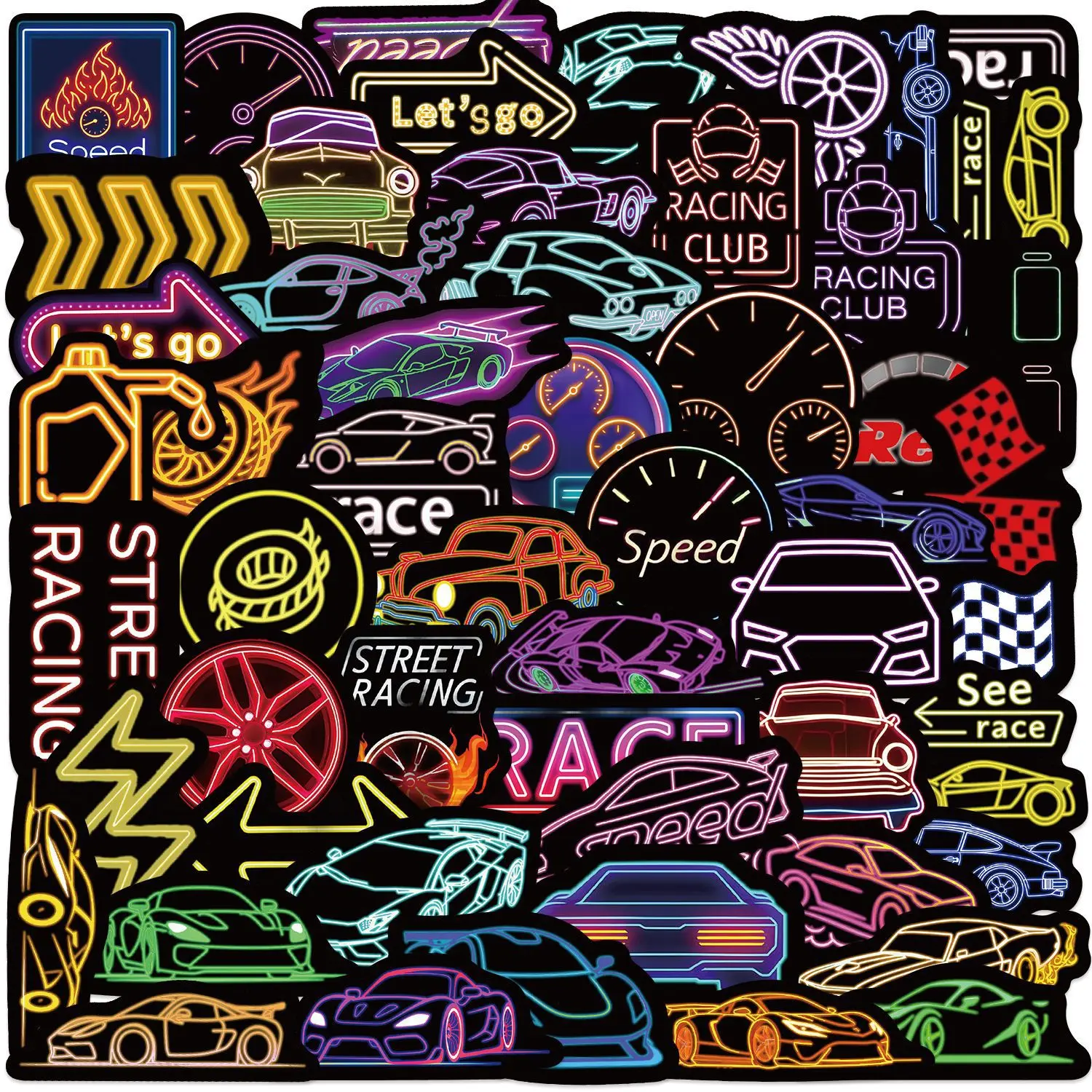 50PCS Racing Cartoon Stickers Neon Style Decals Cool Car Contest Graffiti DIY Kids Toys Cup Laptop Guitar Car Bike Decoration