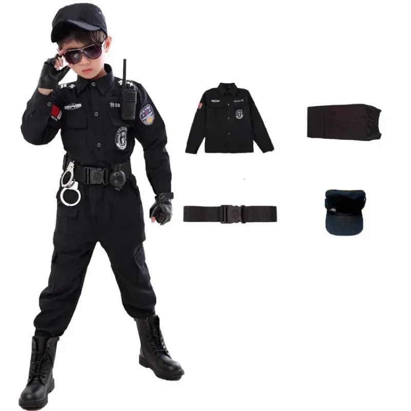 CySwat Kostum Cosplay Polisi Halloween Anak-anak Seragam Polisi Karnaval Anak-anak 110-160Cm Anak Laki-laki Petugas Polisi Tentara Soldi