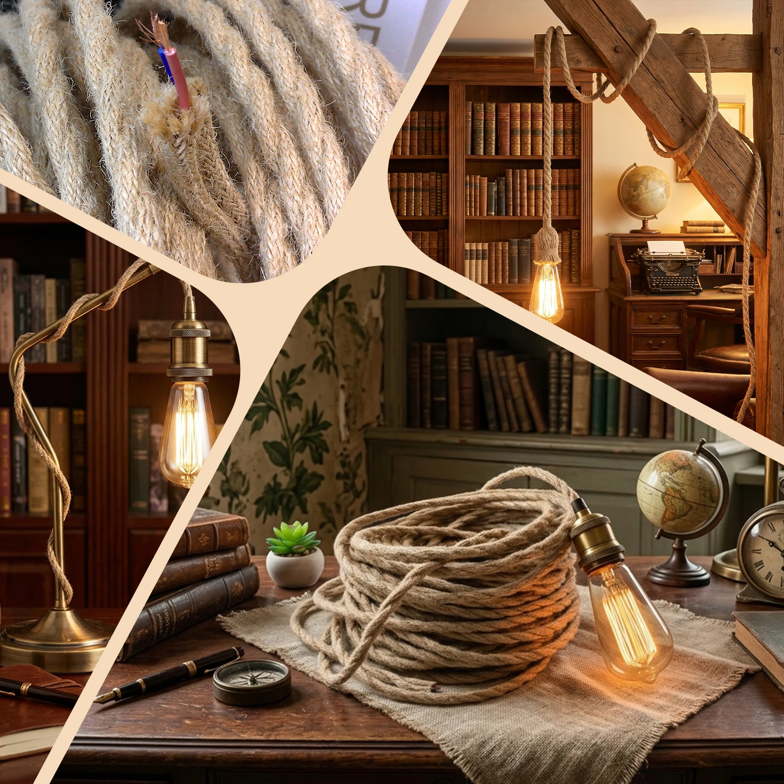 9m Twisted Hemp Rope Lamp Cord Vintage Industrial Pendant Light Wire Retro DIY Fixture Accessory for Bulb