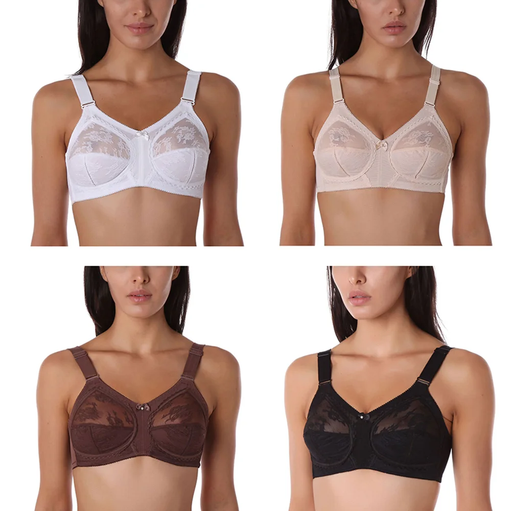 White Women Bra Unlined Sexy Lace Bra Full Coverage Ultra Thin Wireless Adjusted-straps Minimizer Bras Plus Size B C D DD E Cup