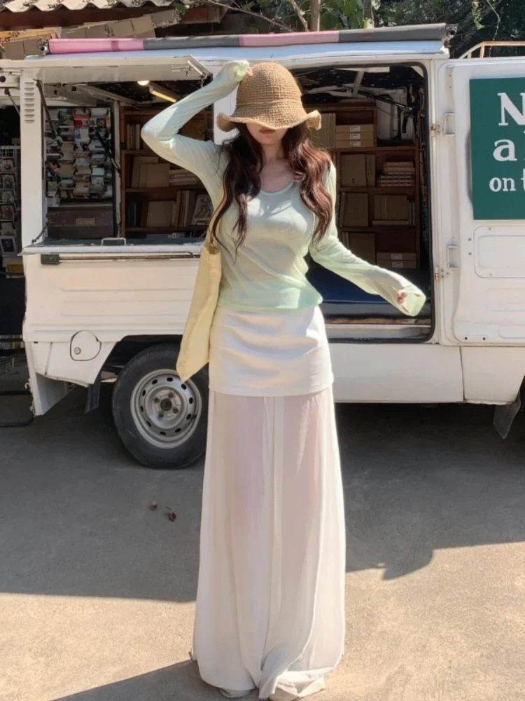 

Пастельный комплект из футболки и юбки для женщин: весенний модный ансамбль из легкого шифона с запахом, свободный крой