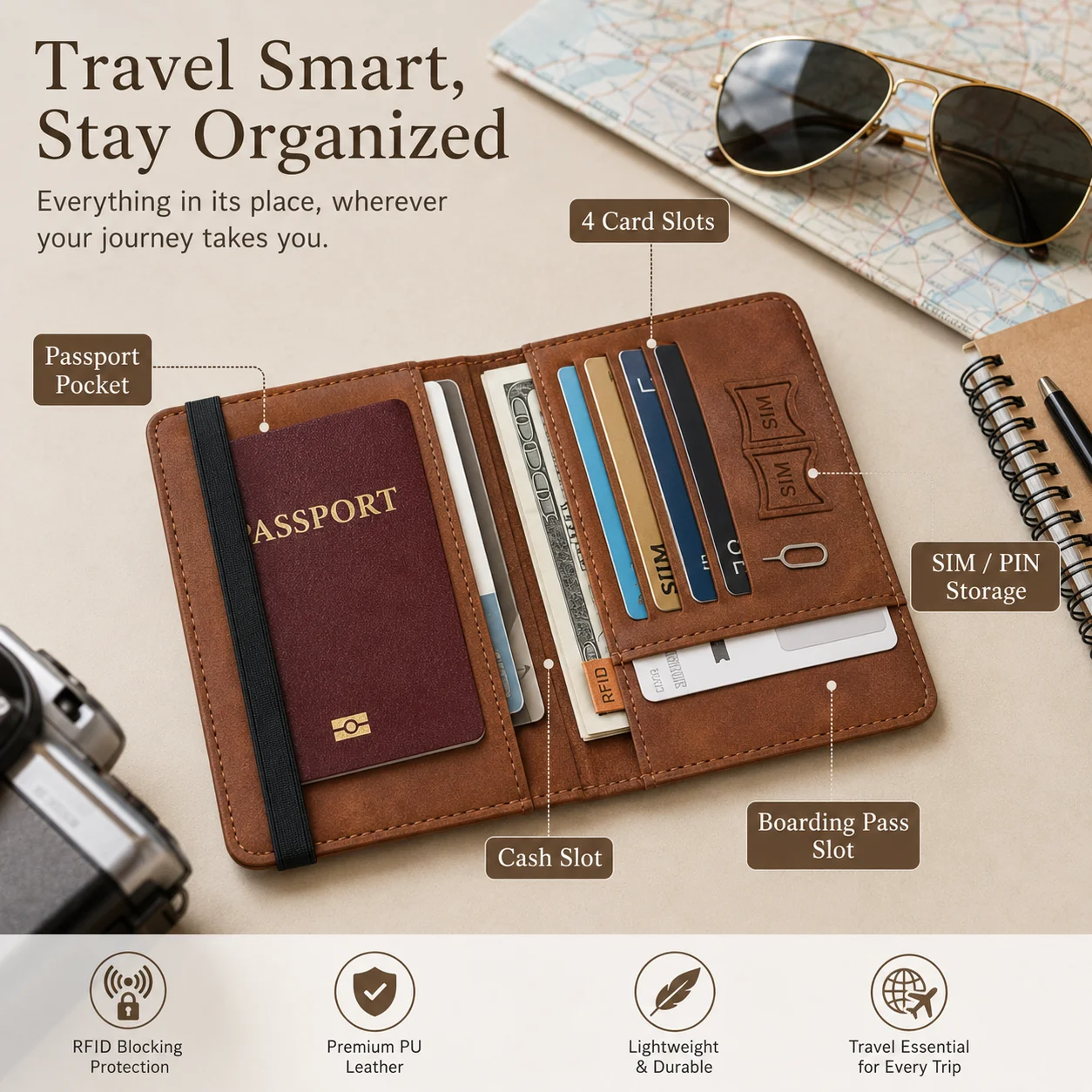 Housse de passeport vintage RFID pour femmes et hommes - Portefeuille multifonction en cuir PU avec emplacements pour cartes d'identité/bancaires, accessoire de voyage