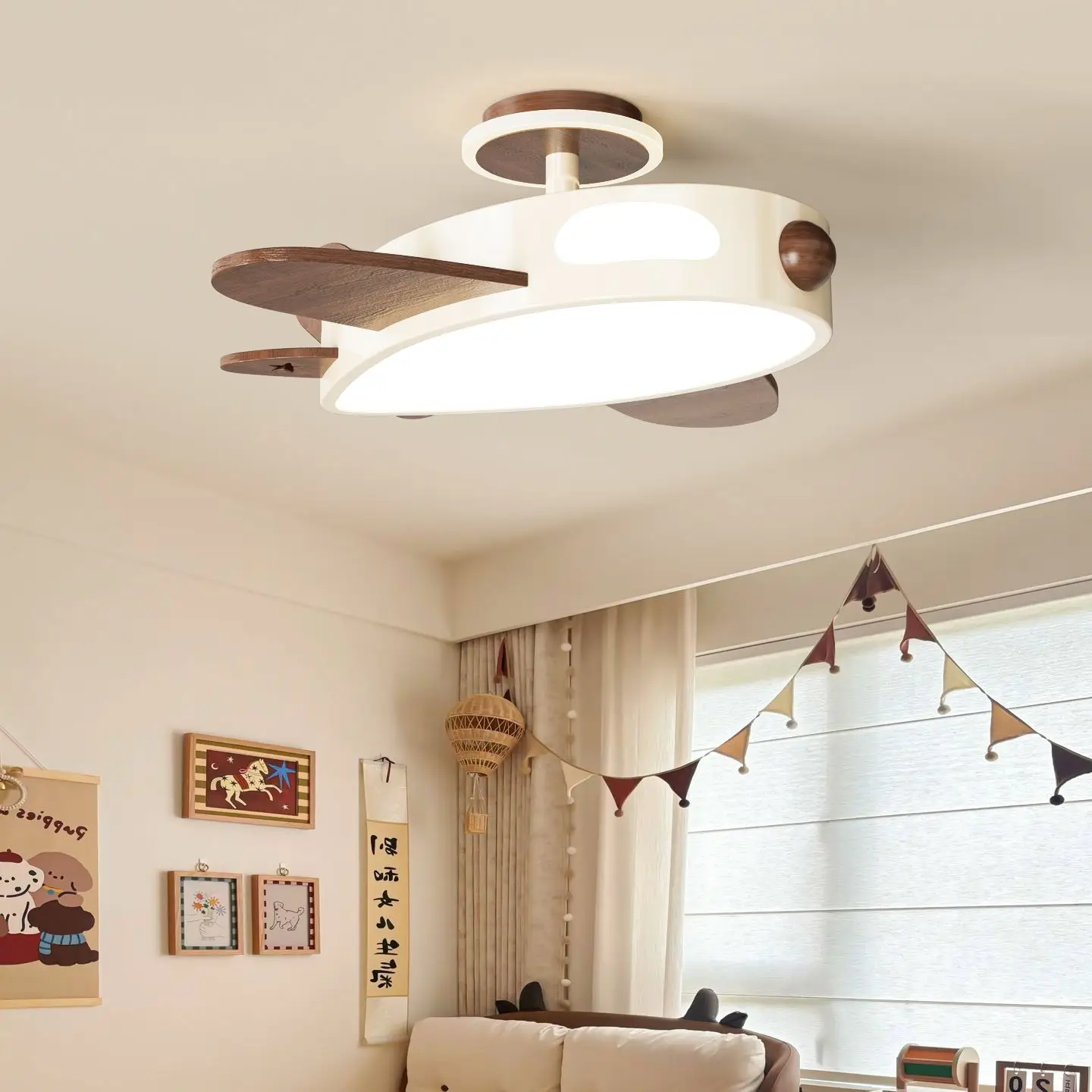 Log Cream Style Children's Room Bedroom Ceiling Lamp Nature Wood Color Walnut Color Airplane Light Girl Boy Kids Baby Plane Lamp