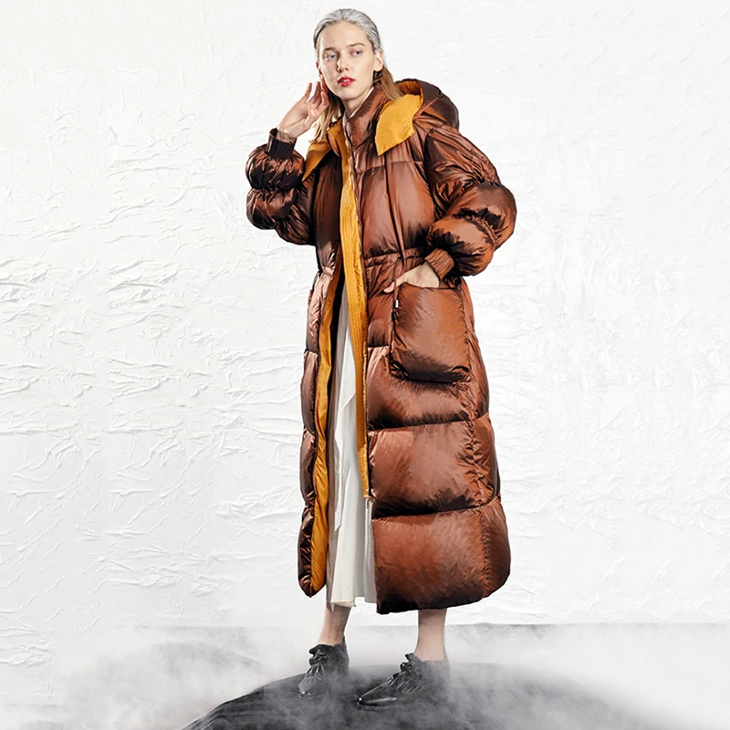 Winter Waterproof White Duck Down Loose Cold Proof Outwears Women Hooded Down Jacket Female Thick Warm Knee Length Parker Jacket