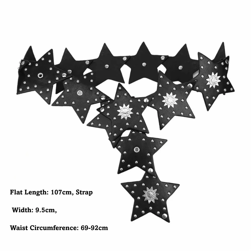 Y2K ريترو ستار حزام مرقع نجمة خماسية واسعة حزام فاسق بو الجلود القوطية حزام للنساء #6