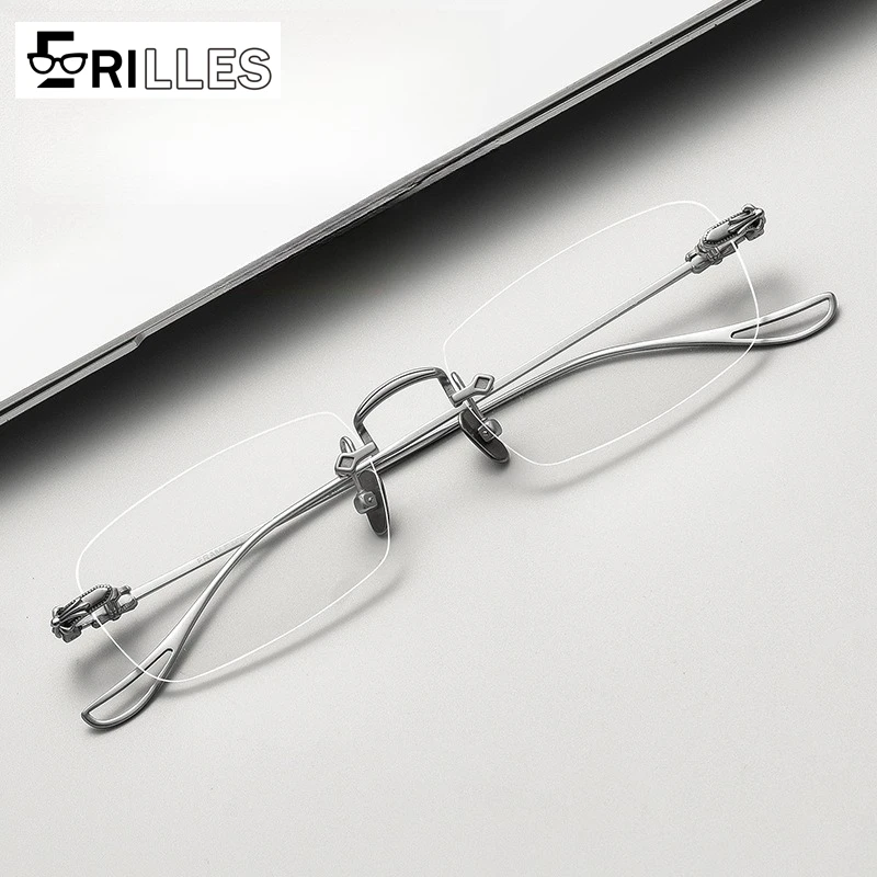 

Semi-Titanium Rimless Glasses Black, Square Retro Professional Eyewear, Featherlight Frameless Design, Artistic Comfort