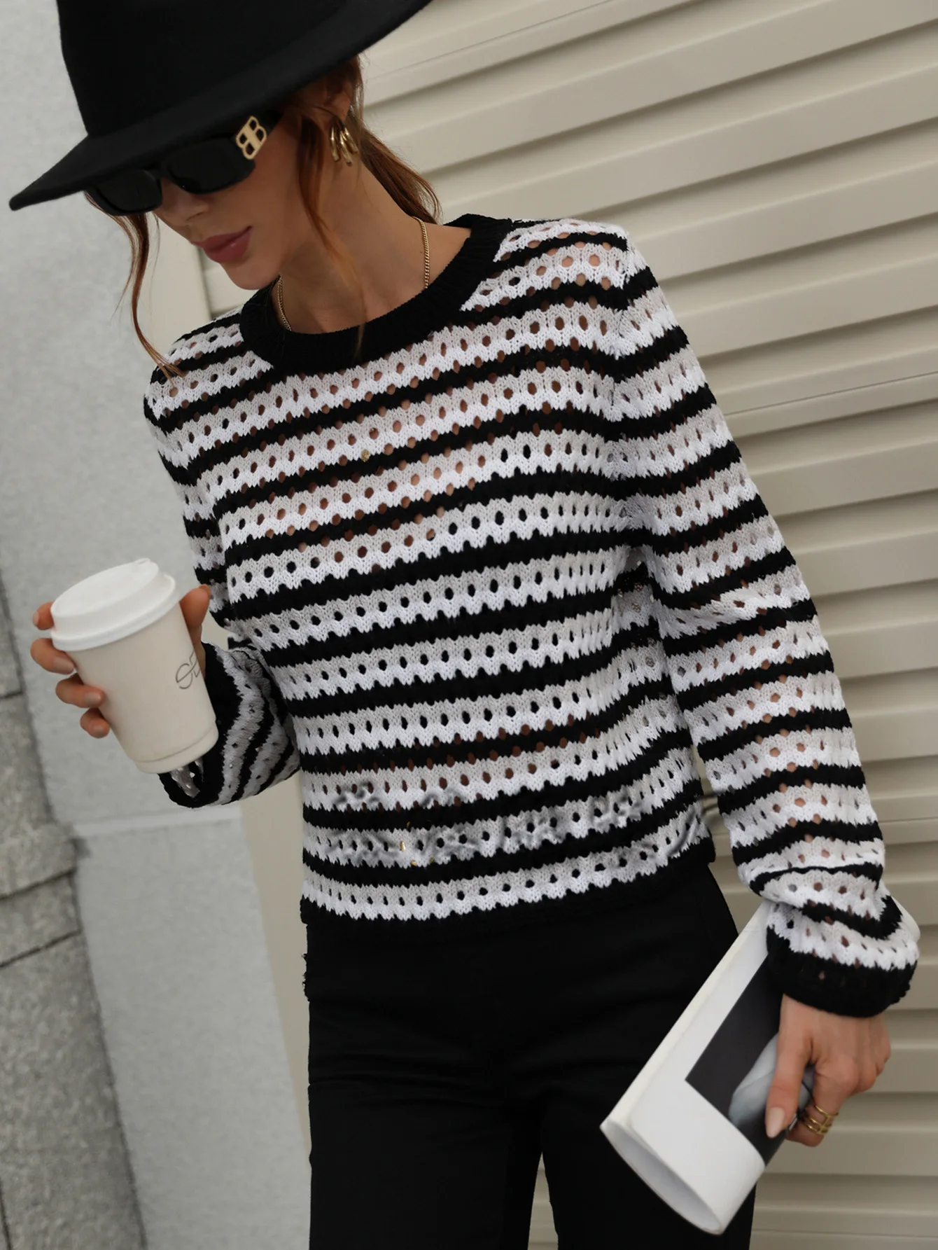 

Autumn Winter Women's round Ne Knitted Sweater Striped Overhead Alternate Color Long Sve Faionable Casual Top