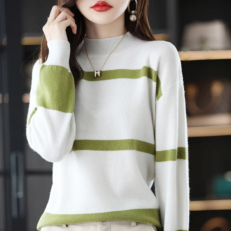 

SZDYQH Autumn Winter Women's Pullover 100% Pure Wool Sweater O-Neck Striped High Quality Top Female Loose Warm Knitted Pullovers
