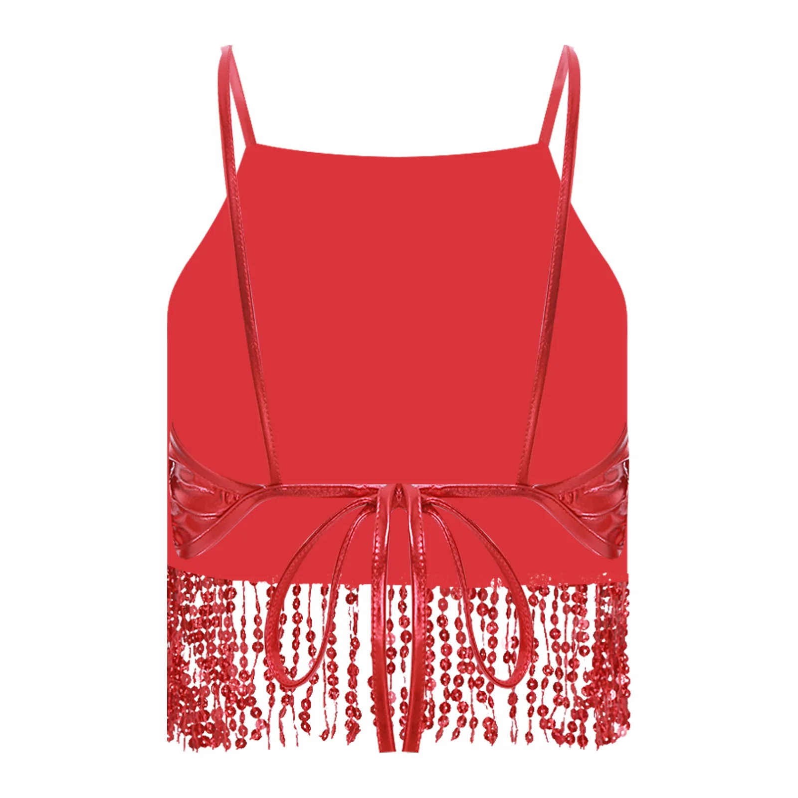 Womens Glanzende Pailletten Latin Buikdans Crop Top Kwastje No-pad Backless Lace-up Bh Tops Salsa Samba Cha-cha Prestaties Kostuum