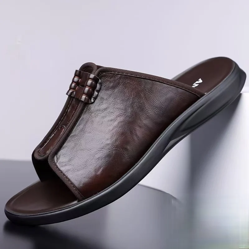 Men Summer New Real Leather One Word Outdoor Slippers Soft sole Non Slip Anti Odor High Quality Flat Sole Beach Slippers Sandals